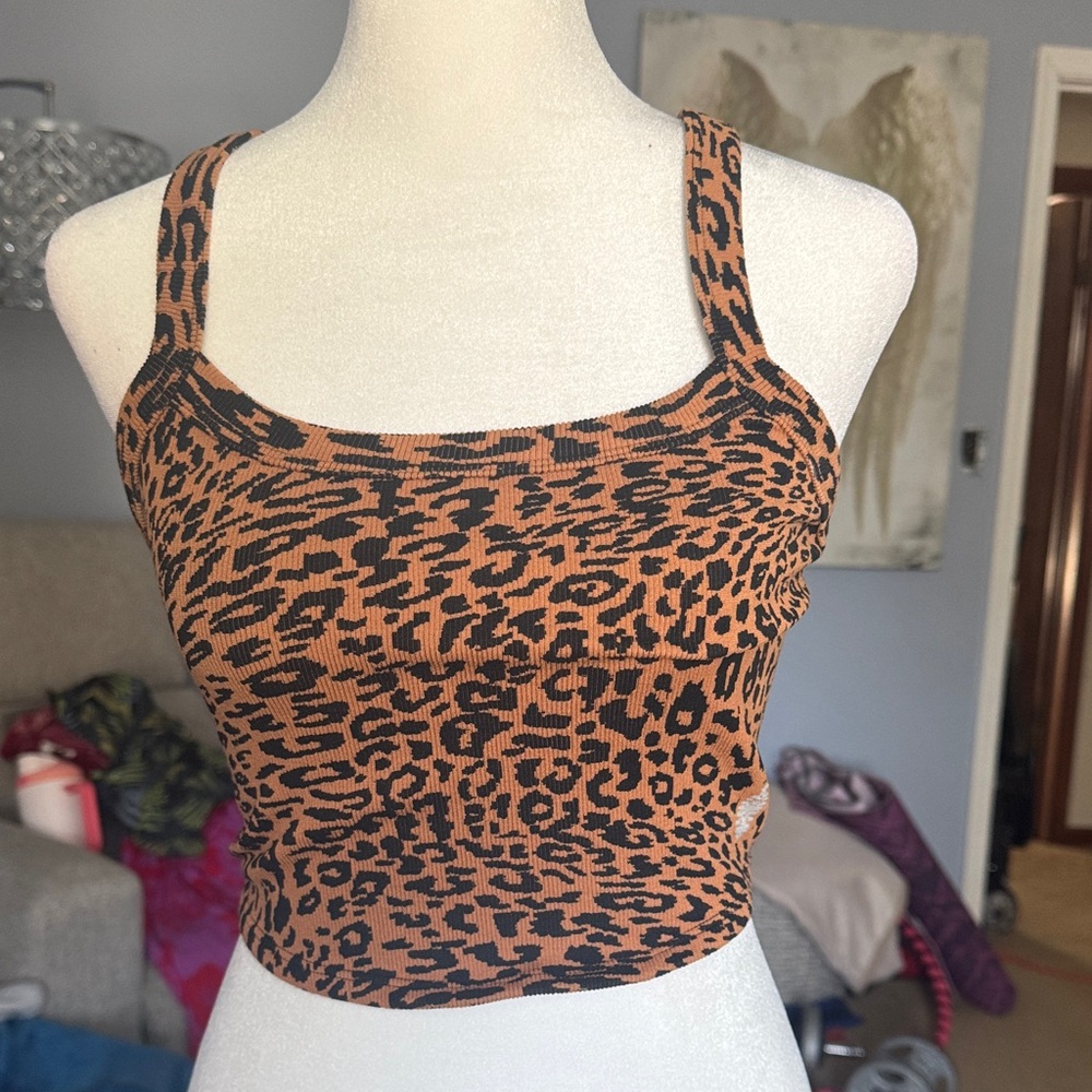FP Movement by Free People Leopard Ribbed Square Neck Crop Top - Brown/Black
